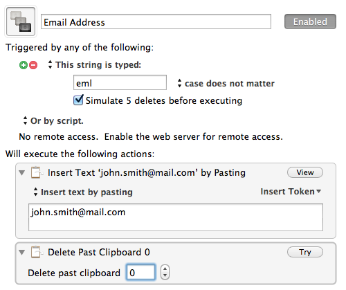 Screenshot of the entire Keyboard Maestro macro, combining the trigger settings, insert text action, and delete past clipboard action.