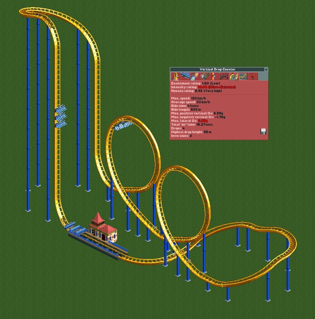 A screenshot from roller coaster tycoon showing a coaster with yellow track and blue supports. It has a vertical chain lift, a vertical drop, two loops, and a small circuit to get back to the station. The stats screen is open showing a low excitement rating of 1.6, an ultra extreme intensity rating of 16.08, and a very high nausea rating of 8.92. The maximum vertical g force is 6.58 and the maximum lateral g force is 3.25.